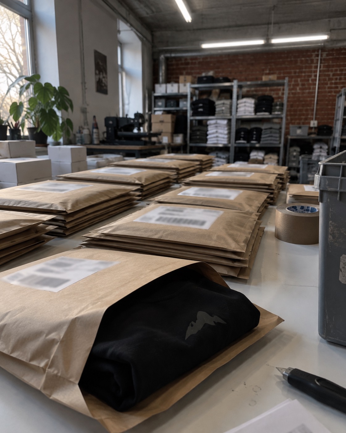 Packtisch bei westernprint: Reihen fertig verpackter Kraftpapier-Versandtaschen mit Etikett, vorne ein schwarzes Shirt in der offenen Tasche