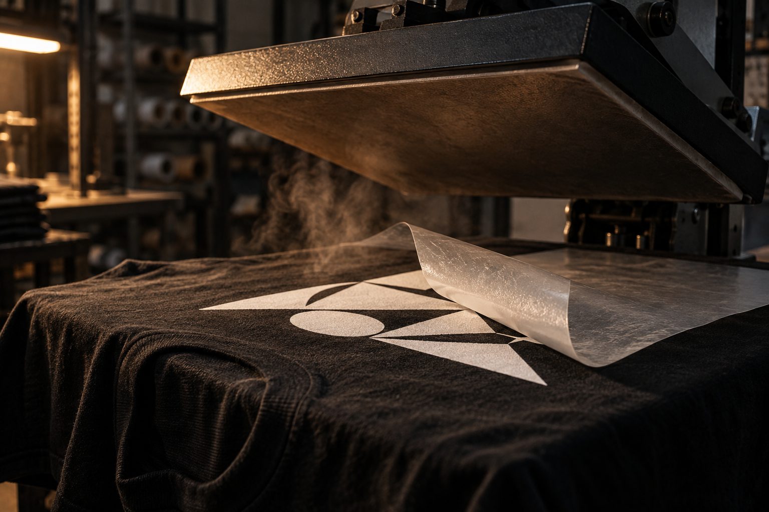 Heißpresse in der Werkstatt, DTF-Transfer wird auf ein schwarzes Shirt gepresst