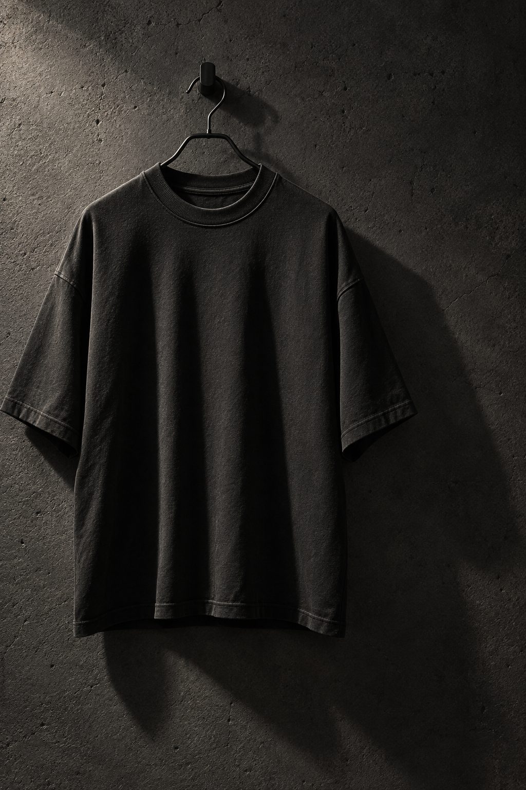Schwarzes Oversize Tee auf einem Drahtbügel vor Betonwand