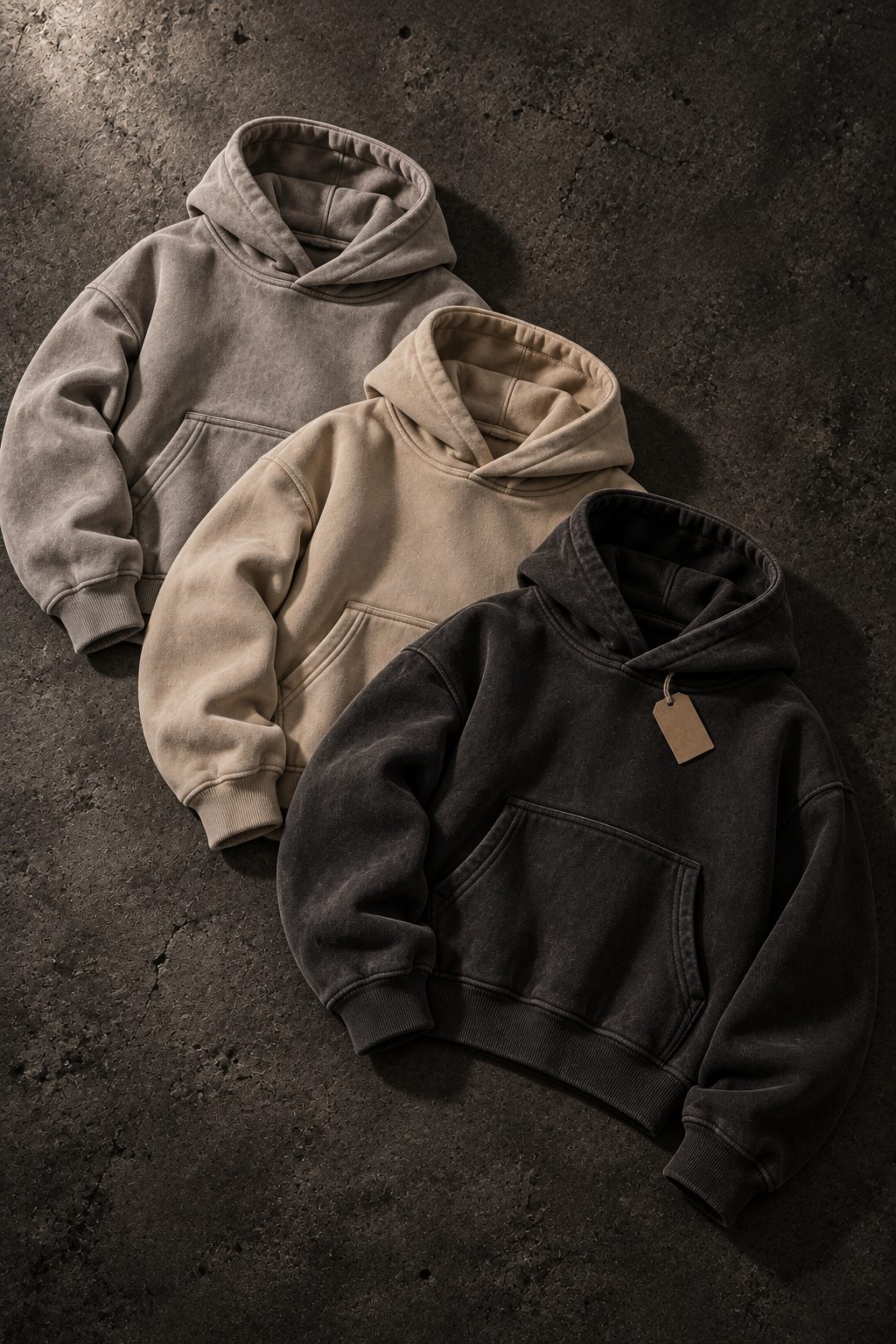 Drei gefaltete Hoodies in Grau, Sand und Schwarz mit Hangtag