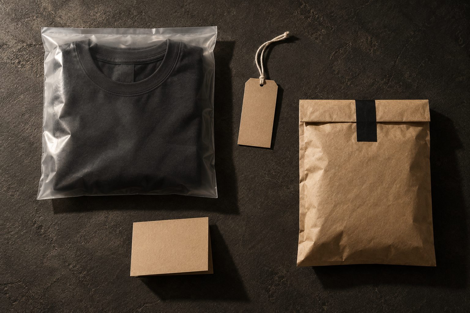 Gefaltetes Shirt im Polybag, Hangtag, Karte und Papierversandtasche