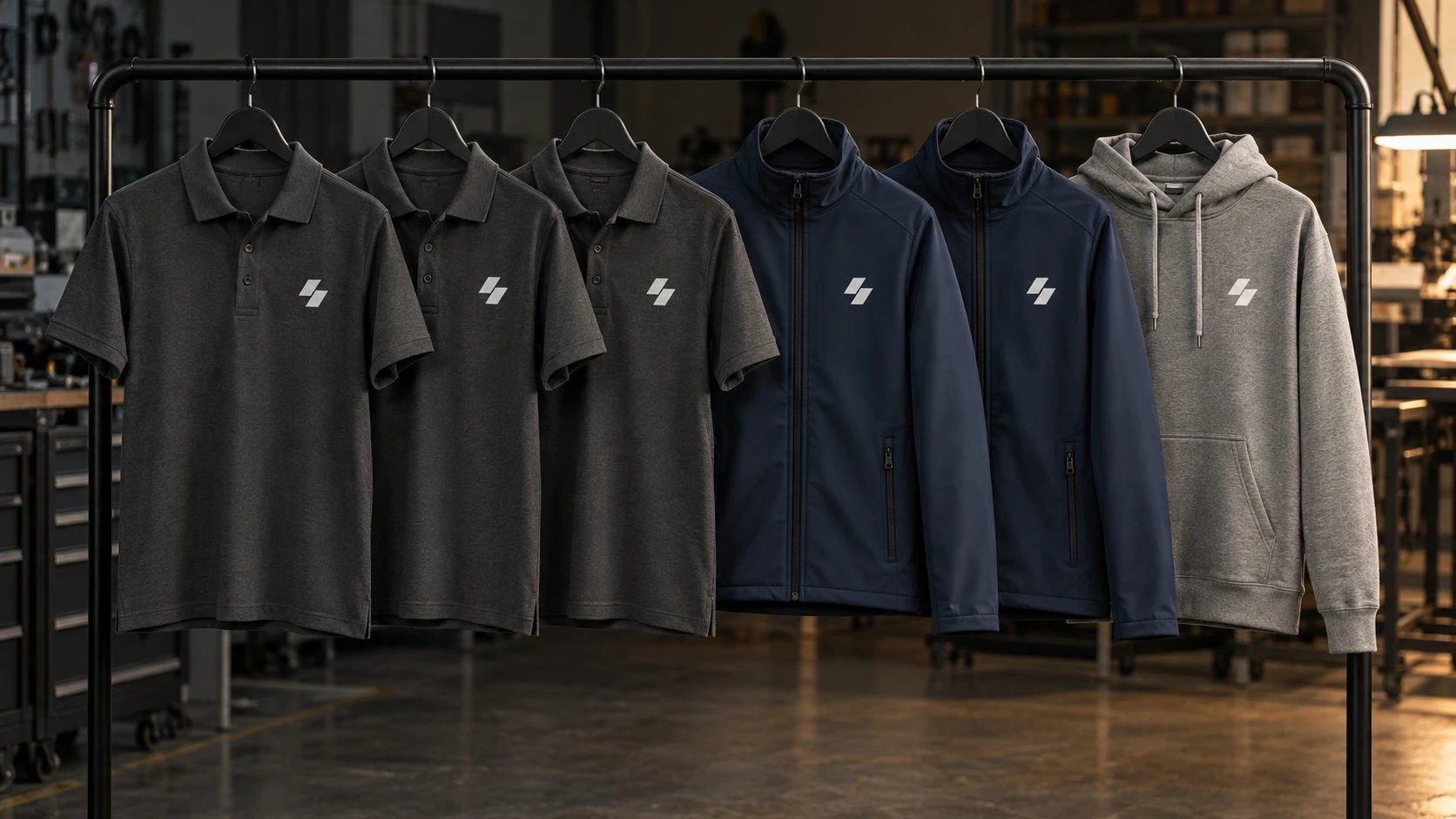 Poloshirts, Softshelljacken und Hoodie mit Firmenlogo auf einer Kleiderstange, bereit für den Messestand